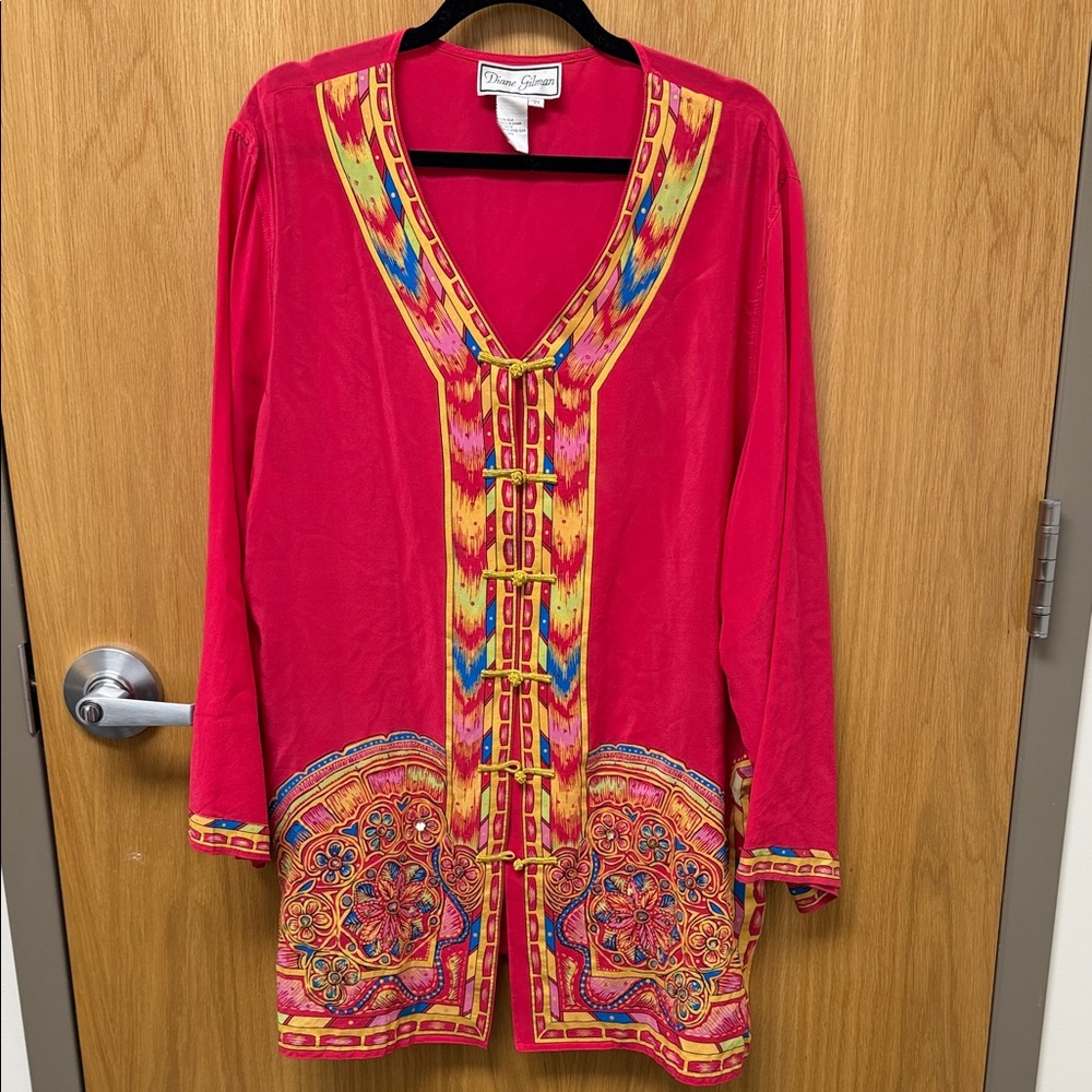 Diane Gilman Hot Pink Embroidered V-Neck Tunic with Multicolor Trim